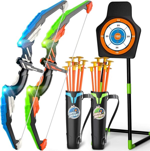 Toy Supplier China Kids Outdoor Toys Bow and Arrow Toy 2-Pack LED Light Up Archery Set with 20 Suction Cup Arrows and Standing Target