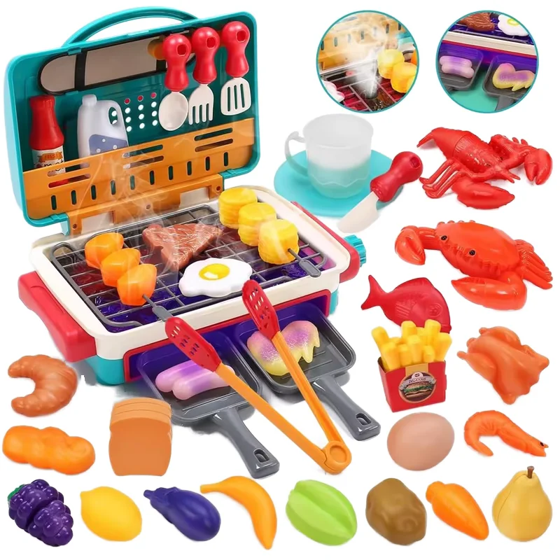 Global Toy Supplier Kitchen Toys Barbecue Grill Kitchen Cooking BBQ Pretend Play Set Toy Color Changing Play Food Dishes Home Appliance Toys