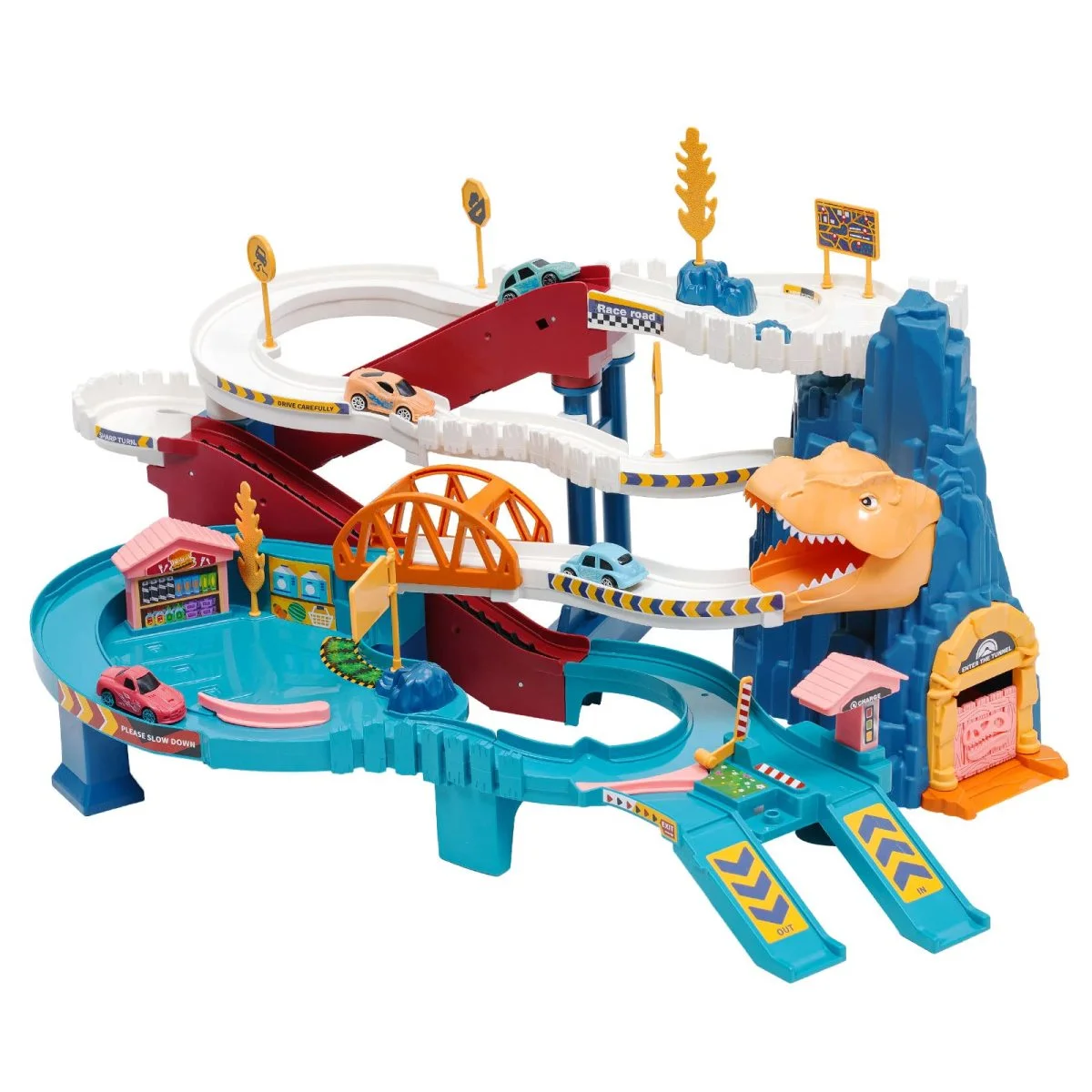 Juguetes compatibles con EN71, venta al por mayor, dinosaurio sinuoso, pista de carretera de montaña, coche, dinosaurio, escalada, colinas, carril, ranura de estacionamiento, juguete