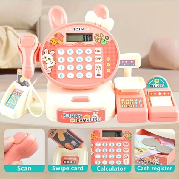 Safe Toys China High Quality Pink Electronic Pretend Calculator Supermarket Shopping Cash Register Toy Set for Kids - Image 4