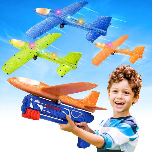 Kids Outdoor Toys 3 Pack 13.2'' LED Foam Glider Catapult Plane Launch Launcher Toys wiht 2 Flight Modes