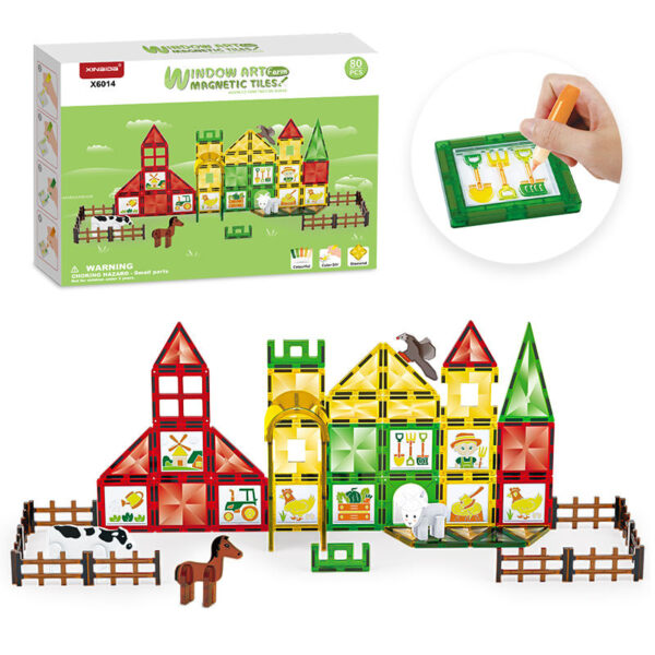 80 Piece STEM Learning Travel Toy Set Boys and Girls Magnetic Tiles Window Art with Glue Paint Magnetic Blocks