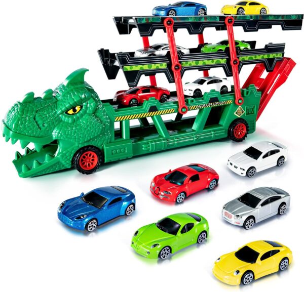 Wholesale Boys Slot Dinosaur Transport Truck Toy with 6 Diecast Race Cars