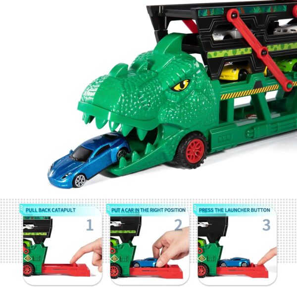 Wholesale Boys Slot Dinosaur Transport Truck Toy with 6 Diecast Race Cars - 영상 3