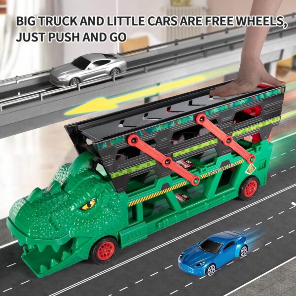 Wholesale Boys Slot Dinosaur Transport Truck Toy with 6 Diecast Race Cars - 영상 5