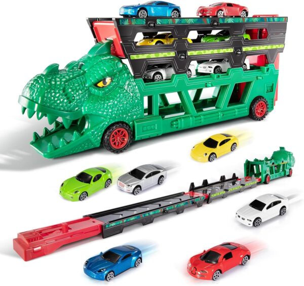 Wholesale Boys Slot Dinosaur Transport Truck Toy with 6 Diecast Race Cars - 영상 6