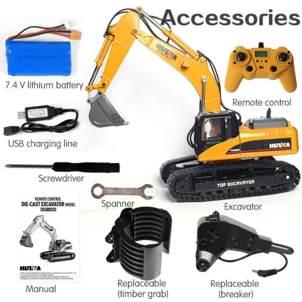 1:14 Scale 23CH Metal Huina 1580 RC Truck Big Excavator Full Alloy ELectric Pickup Car Digger RC Excavator - Image 4