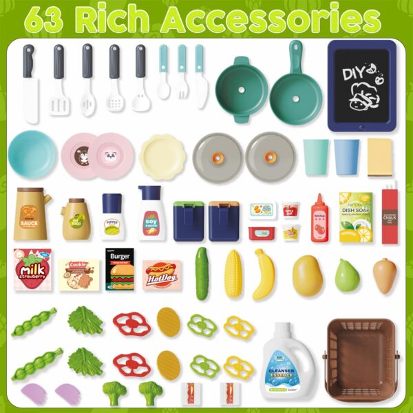 63 PCS Kitchen Accessories 80CM Kids Pretend Play Realistic Lights Sounds Spray Kitchen Set Toys for Children - Image 3