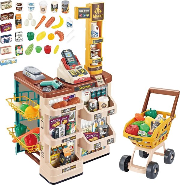 Grocery Toys Mini Trolly Shopping Basket Supermarket Cashier Machine Toy Set for Kids