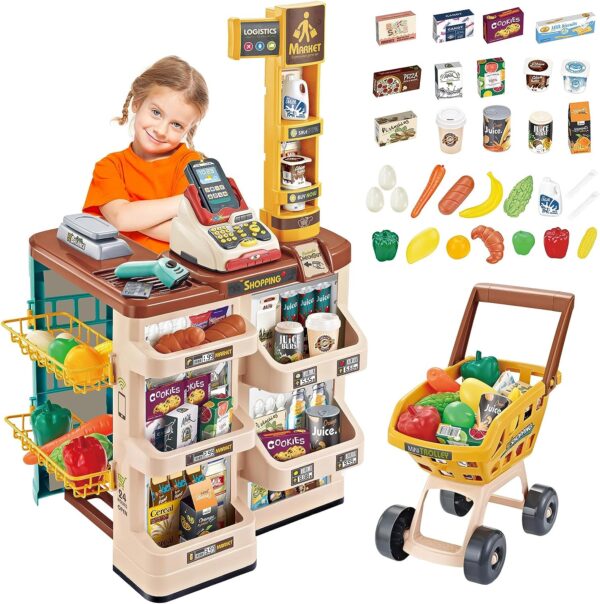 Grocery Toys Mini Trolly Shopping Basket Supermarket Cashier Machine Toy Set for Kids - Bild 2