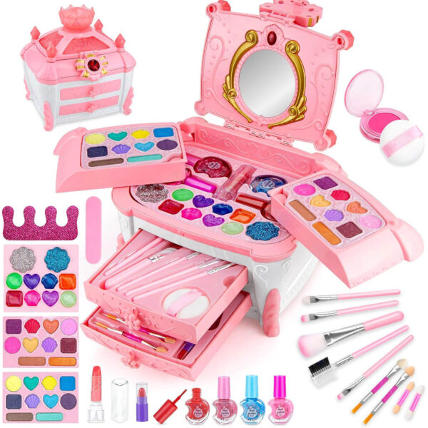 Safety Tested Real Washable Makeup Bag Kit Toy Set with Portable Box Pretend Play Makeup Gift Sets Toys for Girls