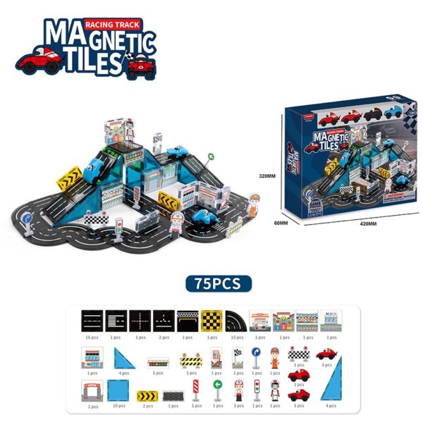 7.5CM 75Pcs Building Blocks Montessori Magnetic Race Track Tiles Cars Road Set for Kids Toddlers