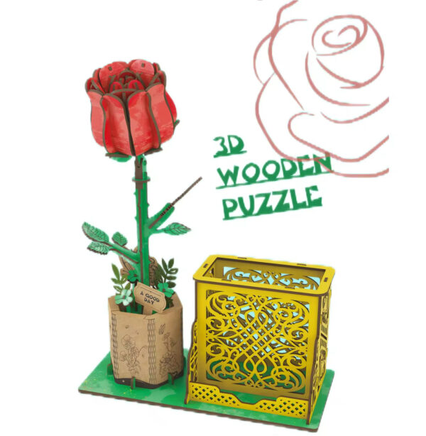 3D Wooden Jigsaw Puzzle Flowers Wood Craft Model Kits Eternal Flowers Red Rose for Women Mom Educational Toys for Kids - Image 3