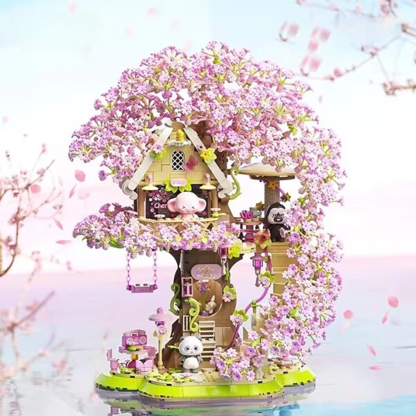 New Arrival Beautiful Building Block Set Cherry Bloom Tree House with Cute Panda Romantic Cherry Tree House Block Set - 영상 6
