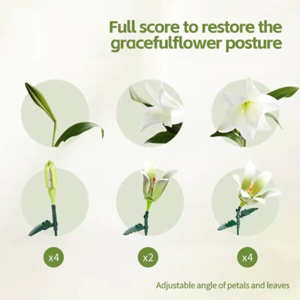 Kids Construction Toy White Lily Flower Building Block Brick Sets Eternal Flowers Decoration Bouquet for Children - 画像 3
