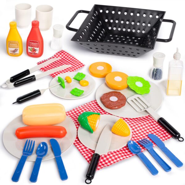34 Pcs BBQ Play Grill Kitchen Toy Set Barbecue Cooking Play Set With Realistic Light Sound for Kid - Image 2
