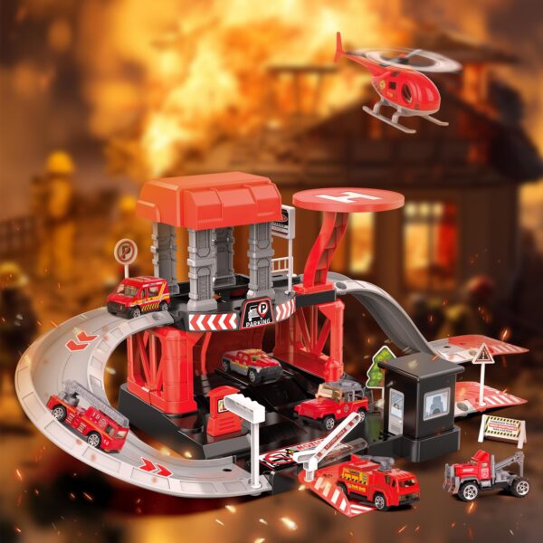 Fire Station Toys Building Block Set Diecast Garage Track Alloy Metal Design Parking Lot Game Plastic Toy - 画像 7