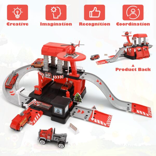 Fire Station Toys Building Block Set Diecast Garage Track Alloy Metal Design Parking Lot Game Plastic Toy - 画像 5