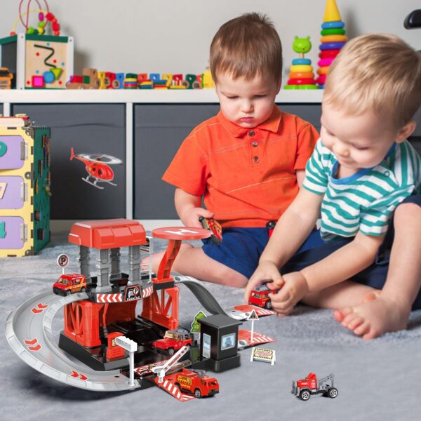 Fire Station Toys Building Block Set Diecast Garage Track Alloy Metal Design Parking Lot Game Plastic Toy - 画像 2