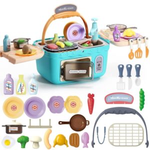 Kids Kitchen Set Toy Pretend Play Picnic Cooking Toys Kitchen Play Sets Portable Pinic Basket Toys for Kids Boys Girls