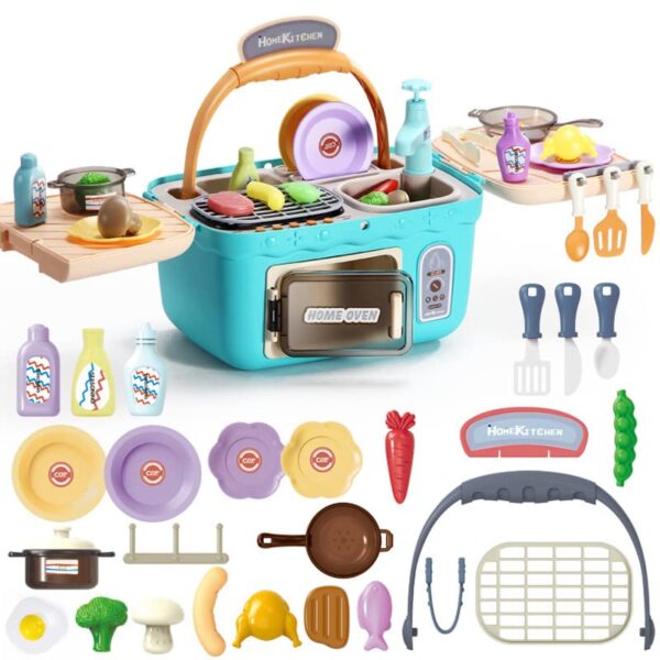 Kids Kitchen Set Toy Pretend Play Picnic Cooking Toys Kitchen Play Sets Portable Pinic Basket Toys for Kids Boys Girls