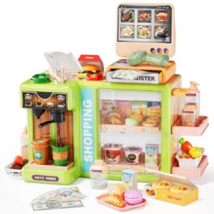 5-in-1 Grocery Supermarket Toy with Touchscreen Cashier Mini Coffee Maker Play Food Play Money Pretend Play Toys