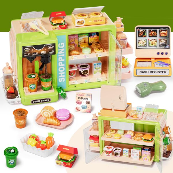 5-in-1 Grocery Supermarket Toy with Touchscreen Cashier Mini Coffee Maker Play Food Play Money Pretend Play Toys - Image 6