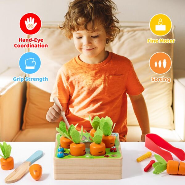 Hot Sales 4in1 Baby Montessori Wooden Toys Developmental Shape Sorting & Matching Puzzle Carrots Harvest Game for Kids - Image 4