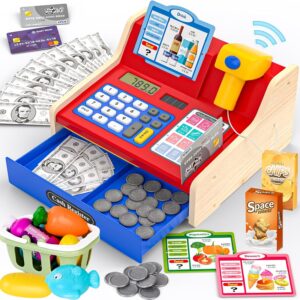 Pretend Play Calculator Cash Register Toys Scanner Rechargeable Wooden Cash Register for Kids