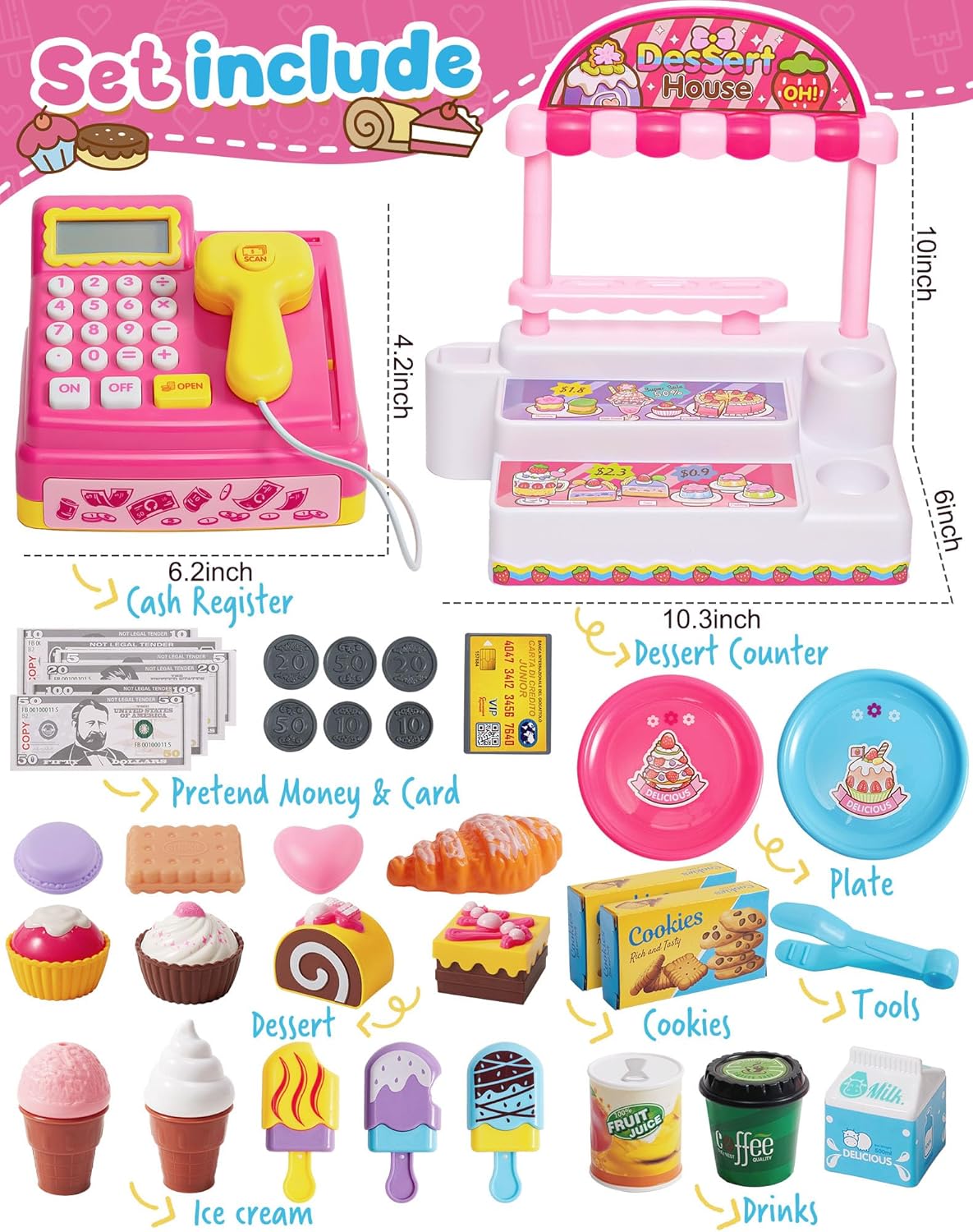 Faire semblant de jouer au supermarché, caisse enregistreuse, jouet, magasin de crème glacée avec Scanner, calculatrice d'argent, Desserts - Image 7