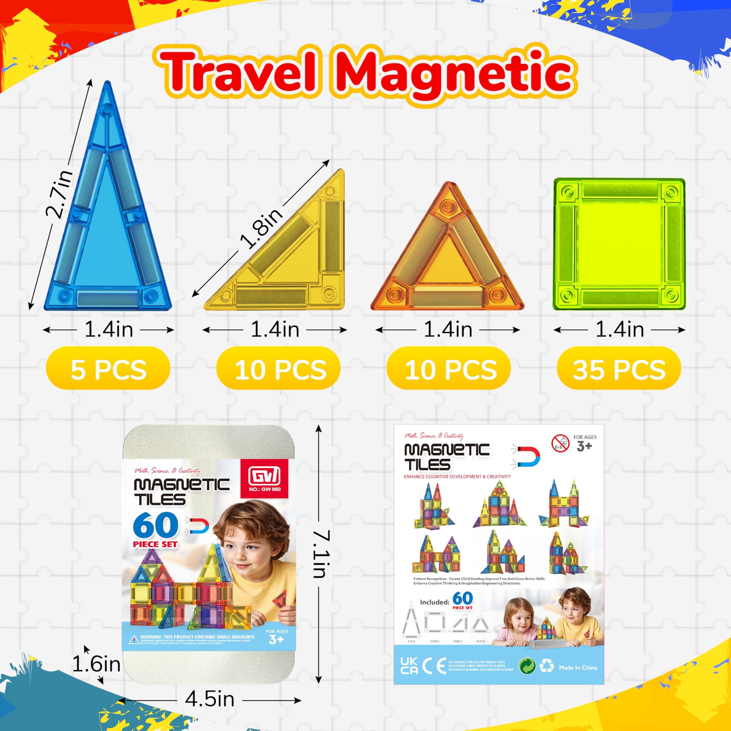 Educational Portable STEM Building Block Set 60 Pcs Travel Magnetic Tiles with Iron Box - 영상 6