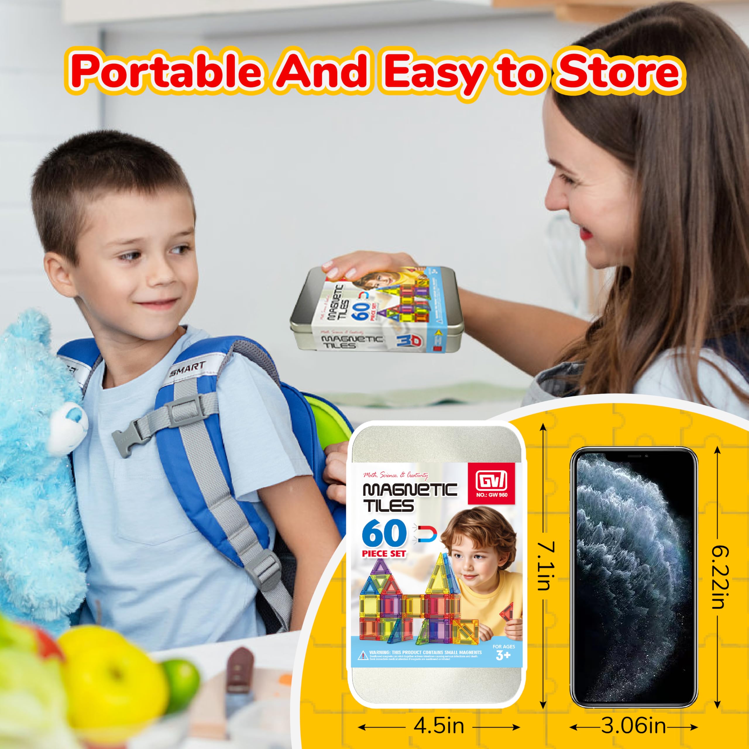 Educational Portable STEM Building Block Set 60 Pcs Travel Magnetic Tiles with Iron Box - 영상 2