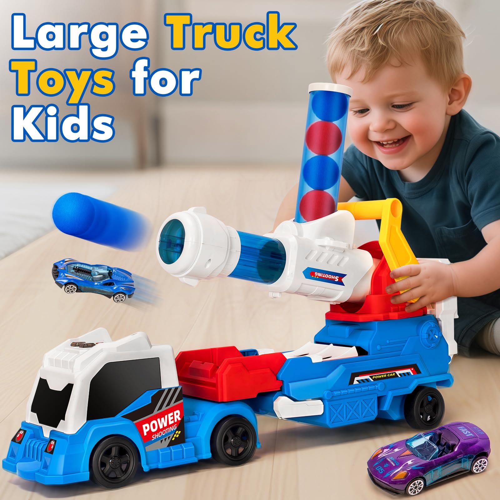 2 in 1Shooting Game Toy Guns Soft Balls Cannonballs Transport Semi Shooting Truck Toy Car with 2 Mini Racing Cars - 영상 2