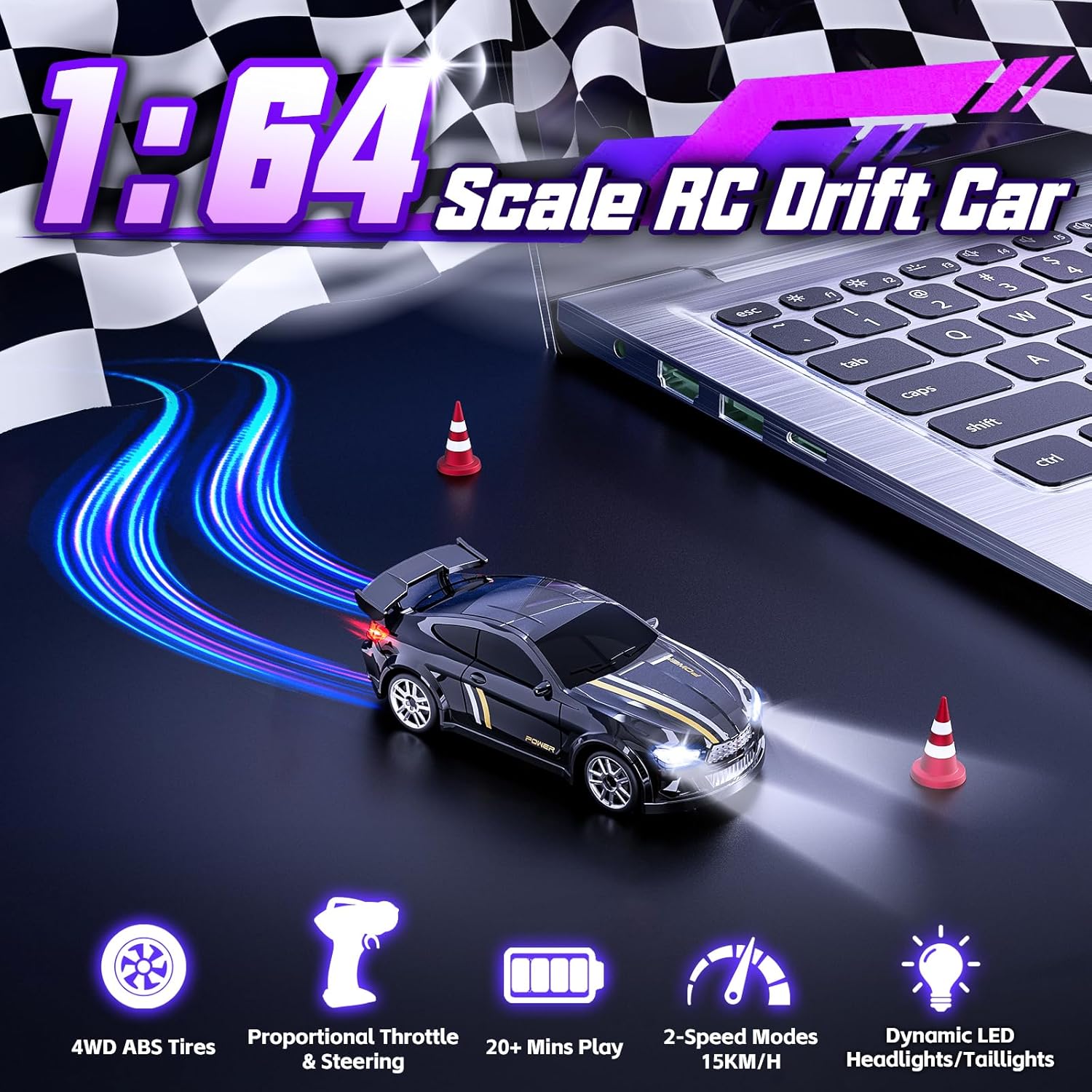 1/64 Scale 4WD High Speed LED Lights 2.4GHz Proportional 2-Speed Stunt Adults Kids Remote Control Mini Drift RC Car - Image 3