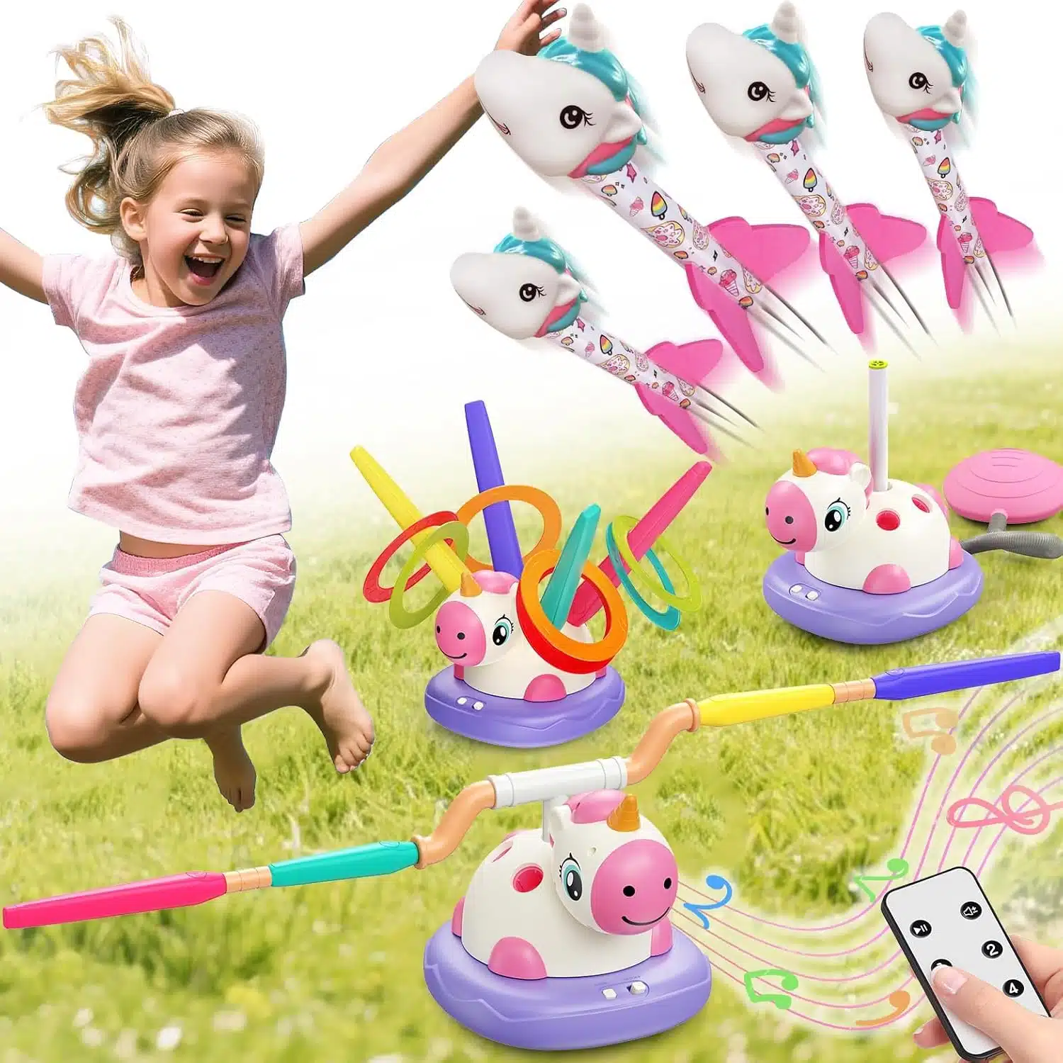 Wholesale Unicorn Kids 3 in 1 Musical Jump Rope Remote Control Game Outdoor Ring Toss Rocket Launcher Sports Toys - Image 8