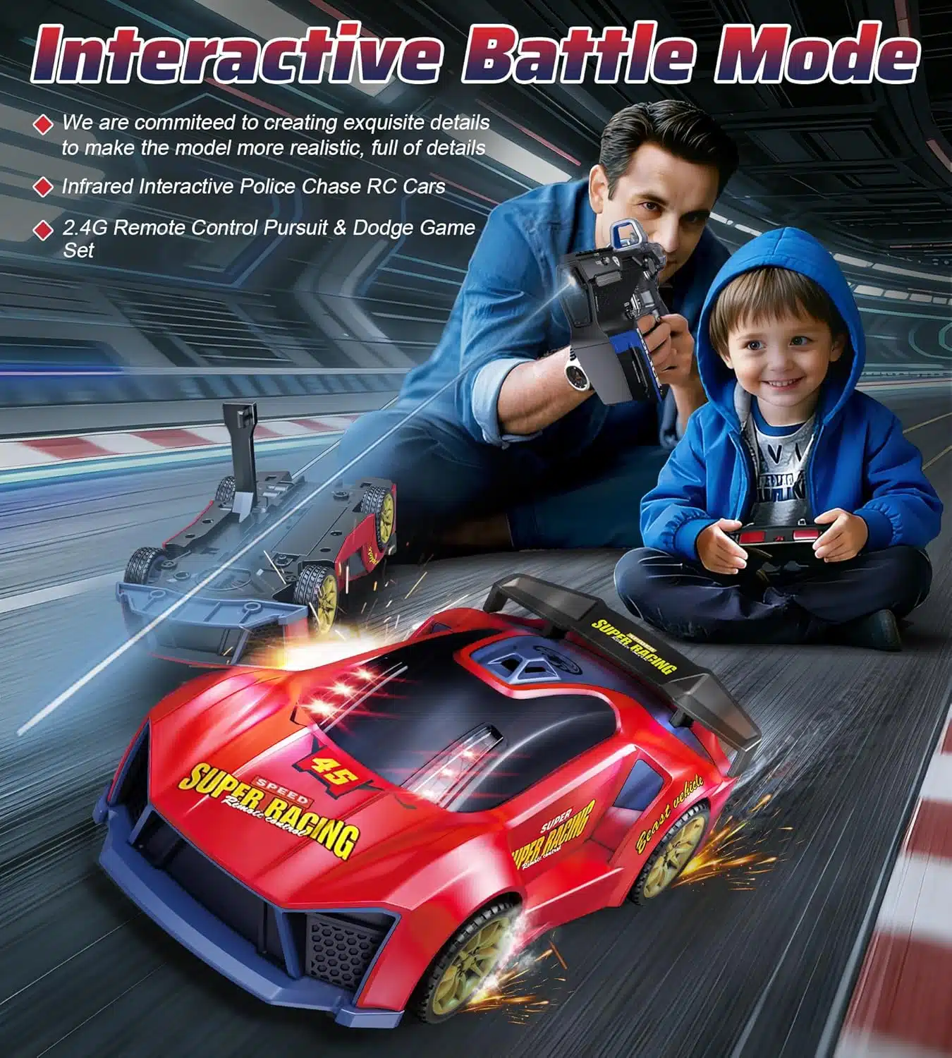 Innovative 2.4G Sensor Chase Game Dual Remotes Ejection Launcher Parent Child Interactive Battle RC Car Set - Image 2