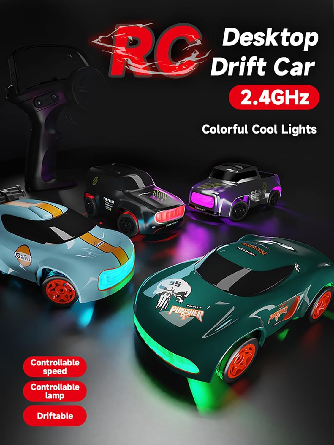 1:64 Scale Fast Electric Hobby Desktop Model Auto 4WD Colorful LED Light Mini Remote Control RC Drift Car - Image 7