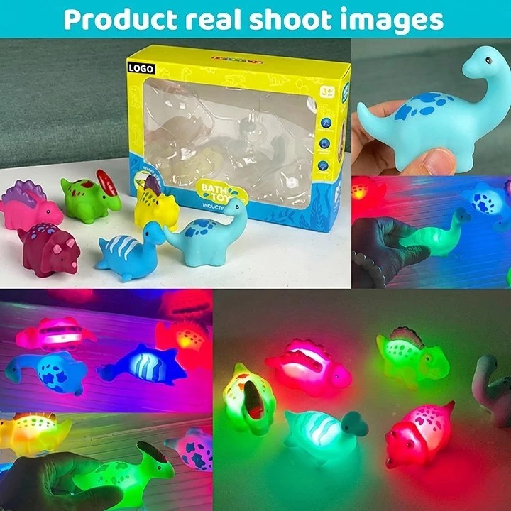 Toddler Infant Cute Glowing Floating Soft Rubber Animal Shower Pool Bathtub 6 Pcs Dinosaur Light up Bath Toys - Image 2