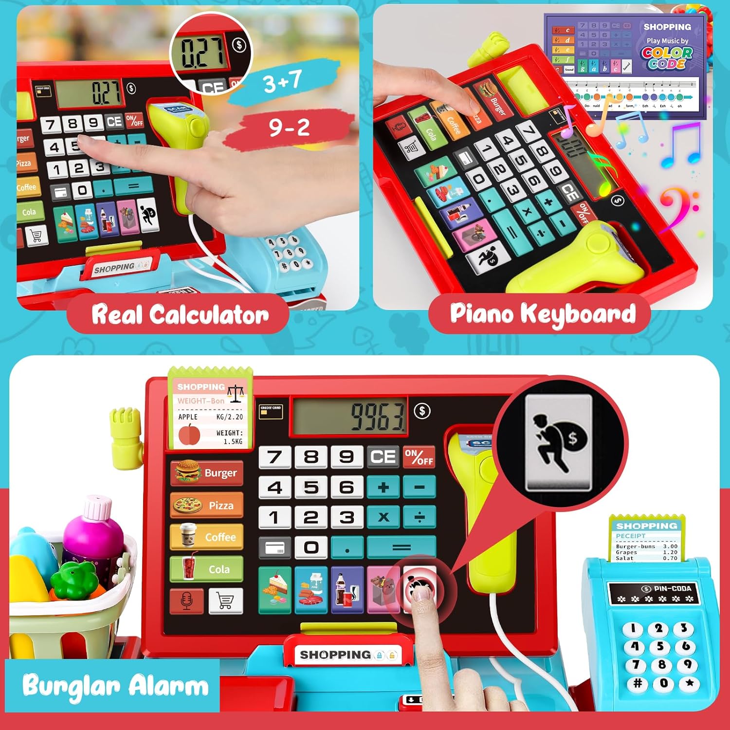 Educational Interactive Supermarket Pos Calculator Kids Pretend Learning Play Sound Scanner Supermarket Cash Register Toy - Image 5