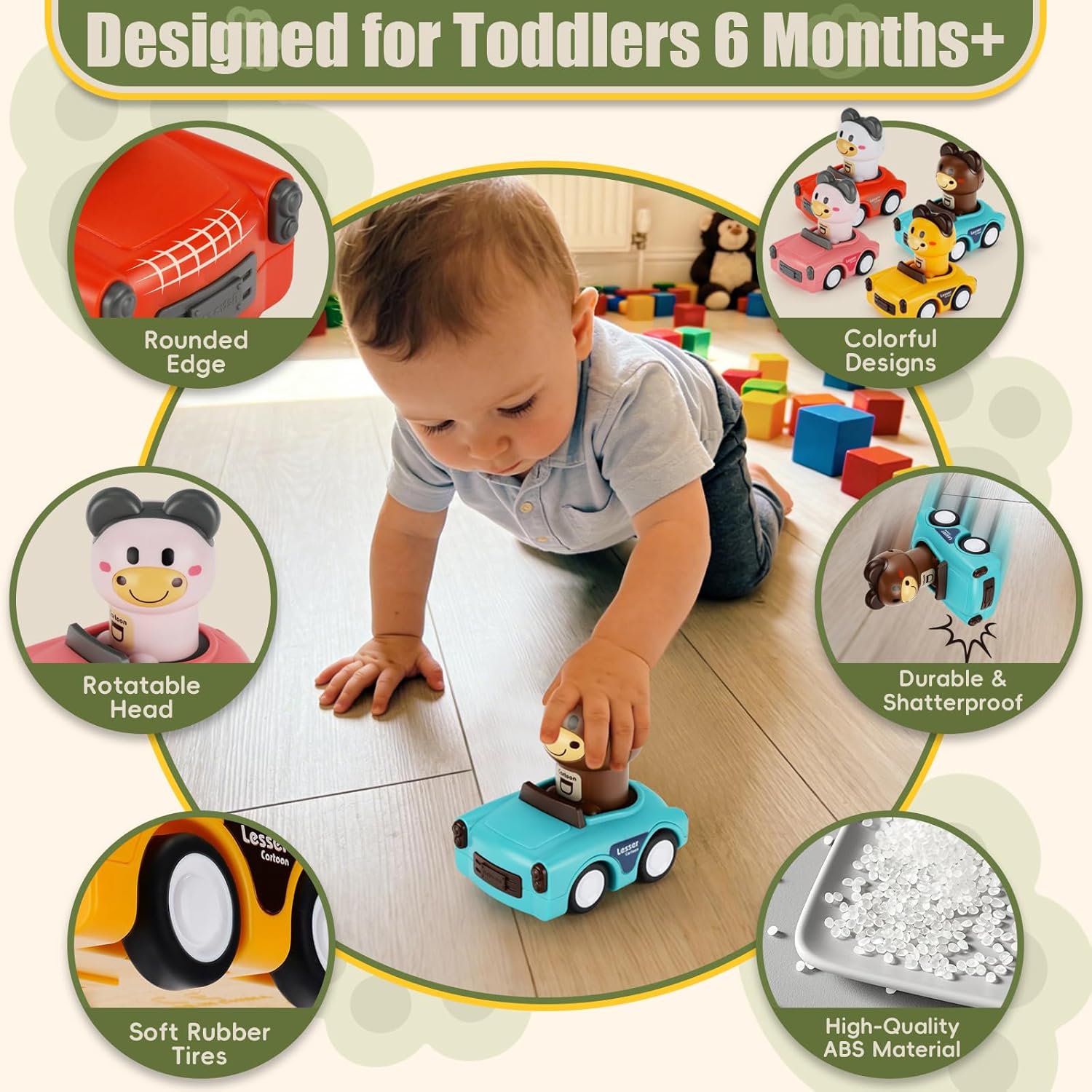 BPA Free Easy Clean Indoor Outdoor No Battery Friction Powered Press to Go Toddler Animal Push Car Toy - Image 3