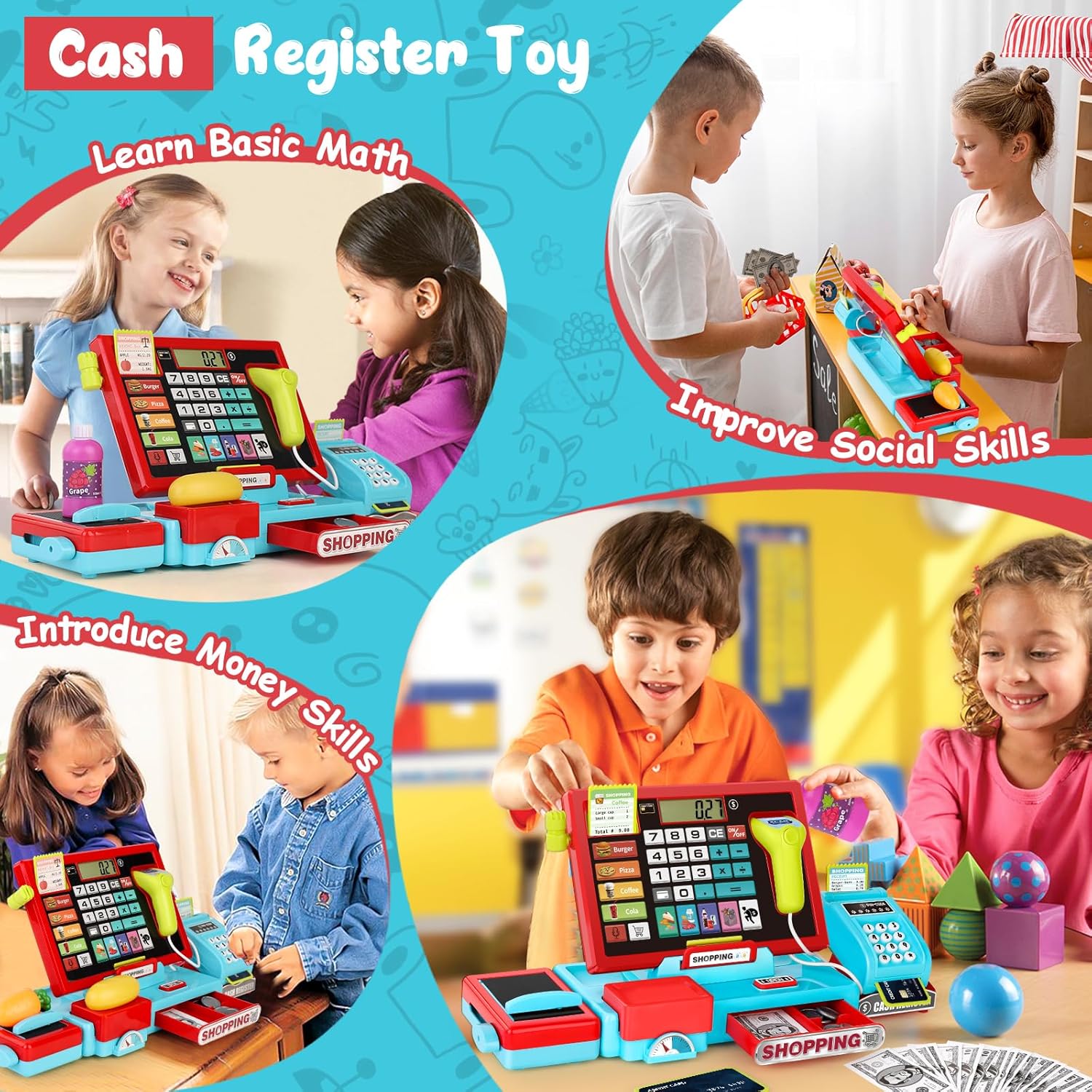 Educational Interactive Supermarket Pos Calculator Kids Pretend Learning Play Sound Scanner Supermarket Cash Register Toy - Image 2