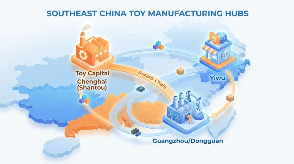 China toy manufacturing hubs map — Chenghai vs Yiwu vs Guangzhou