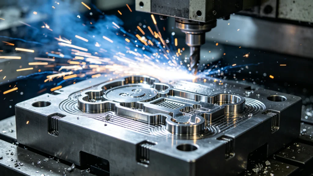 High-precision steel mold for plastic toys in Chenghai factory workshop.