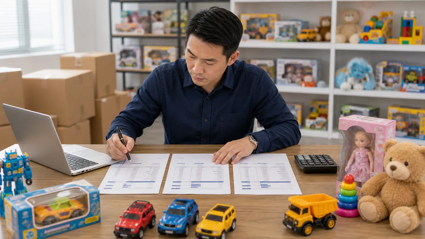 Toy buyer comparing quotations from different Chinese suppliers